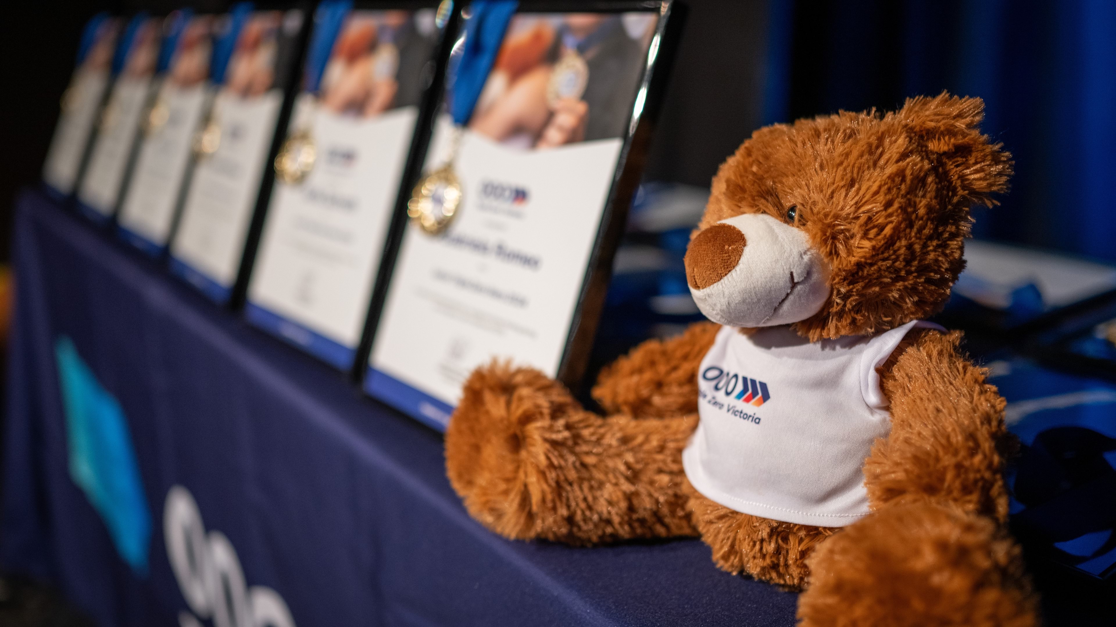 Benny the Bear the Junior Triple Zero Heroes Mascot sitting alongside the certificate and medal