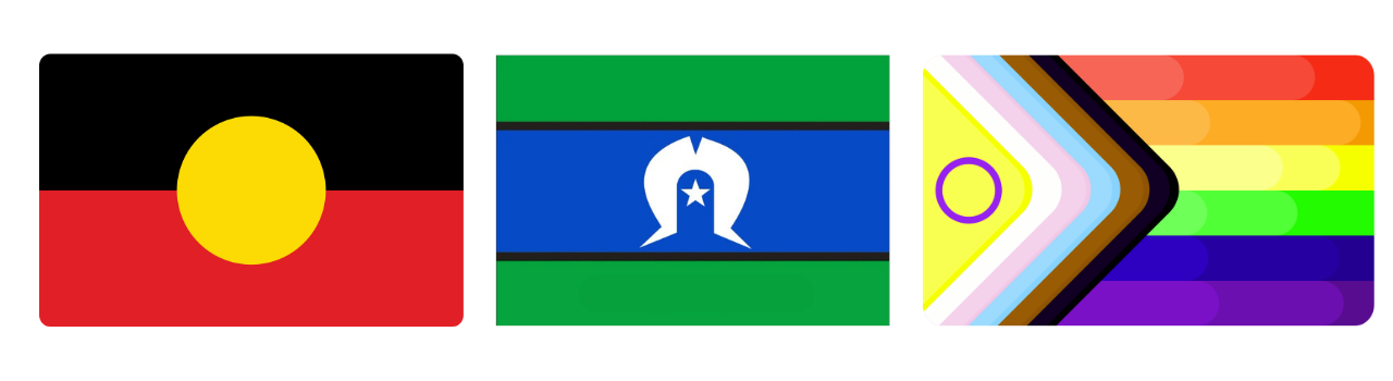 Aboriginal Flag, Torres Strait Islander Flag and Pride Flag