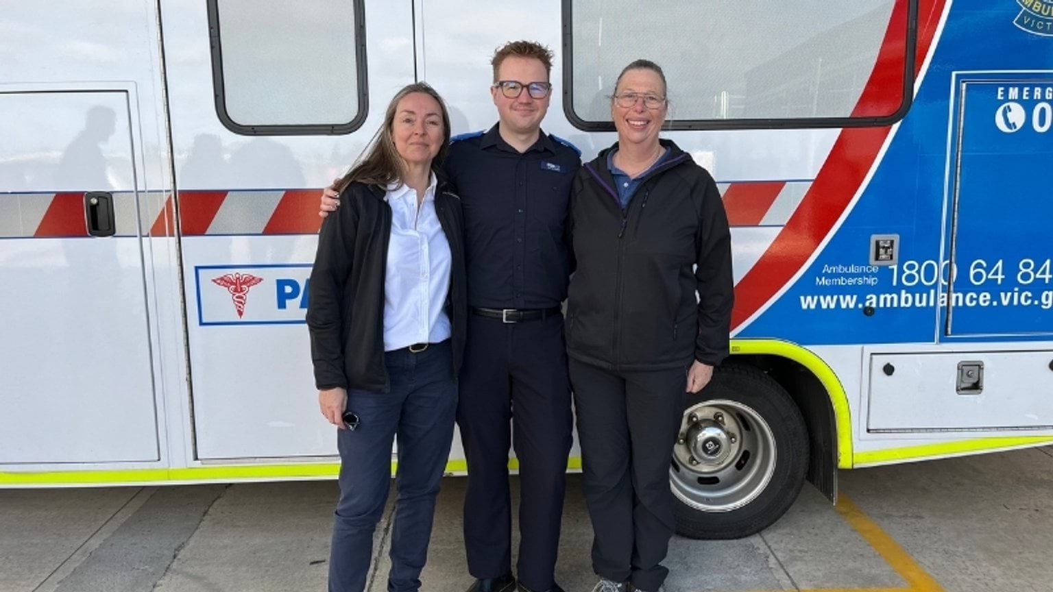 Stroke patient Emma Reynolds, Call-Taker Conner Ferris and Emma's partner Dr Petra Niclasen.
