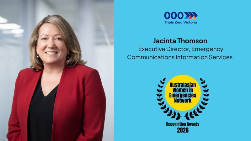 Picture of Jacinta Thomson, the Triple Zero Victoria logo and the AWE Awards logo