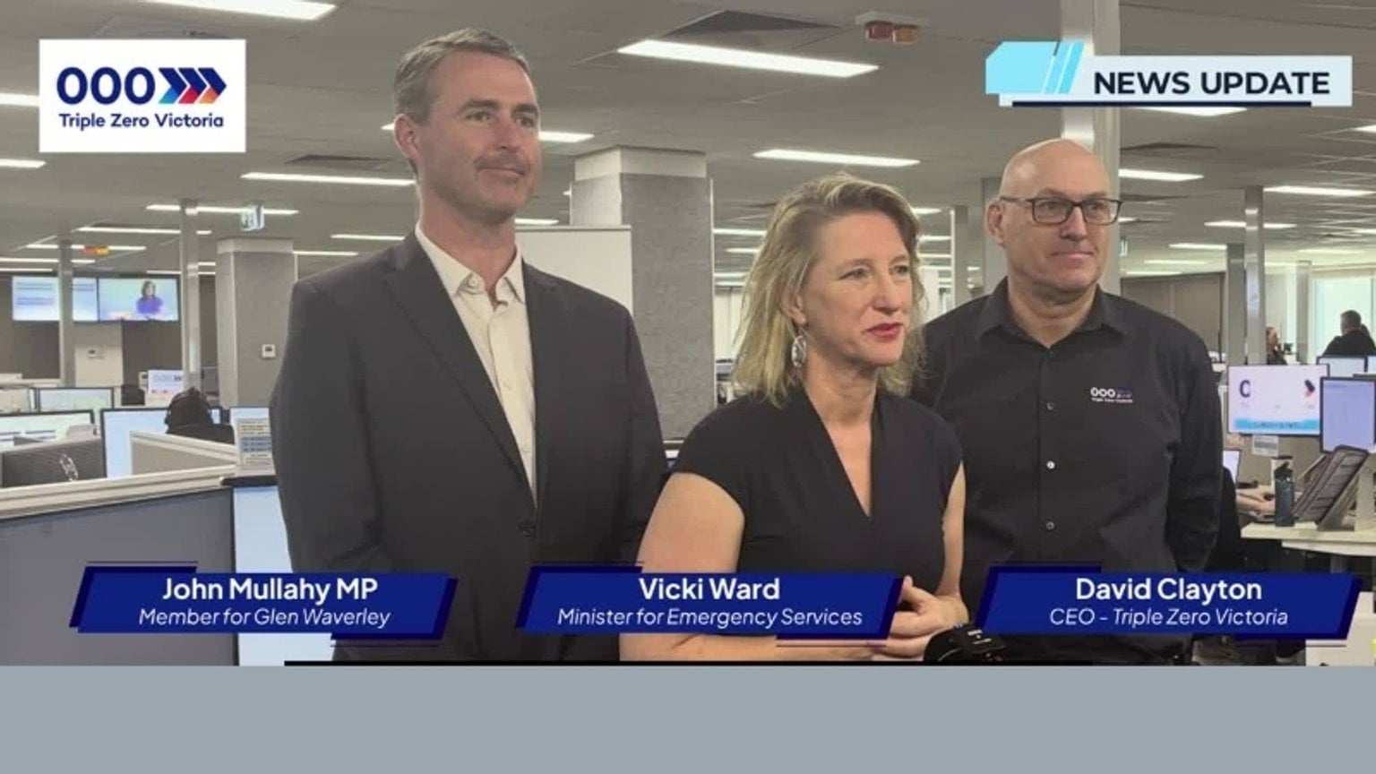 John Mullahy MP, Vicki Ward - Minister for Emergency Services and Triple Zero Victoria CEO David Clayton